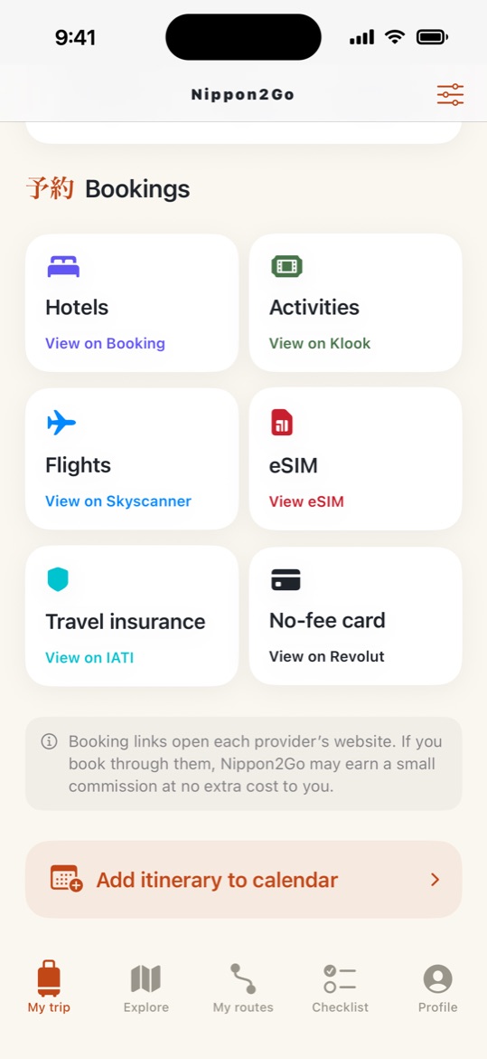 Bookings: hotels, activities, flights, eSIM, travel insurance and a travel card