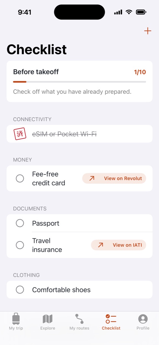 Pre-trip checklist with a stamped item