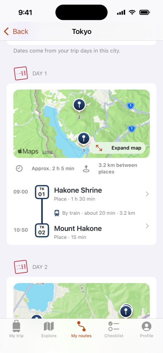 A day of a route with its stops, a train transfer and a map