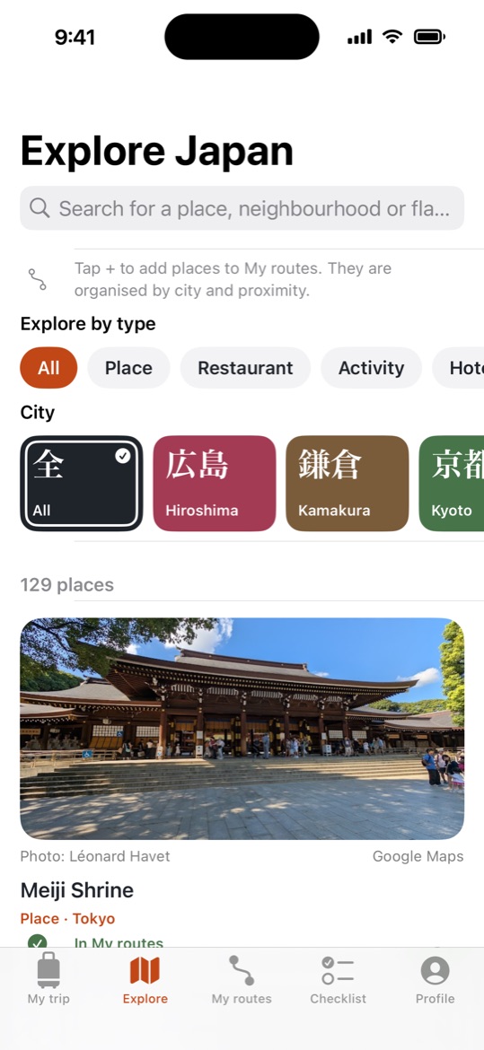 Explore: places with photos and filters by type and by city