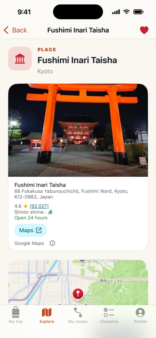 Fushimi Inari Taisha with its Google rating, opening hours and map